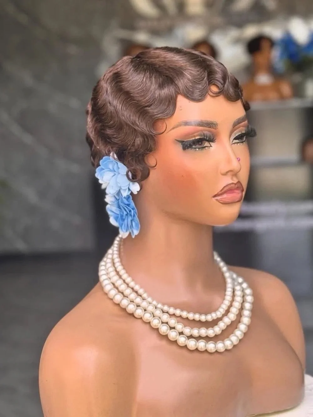 Short Brown Finger Wave Wig with Blue Flower Accent